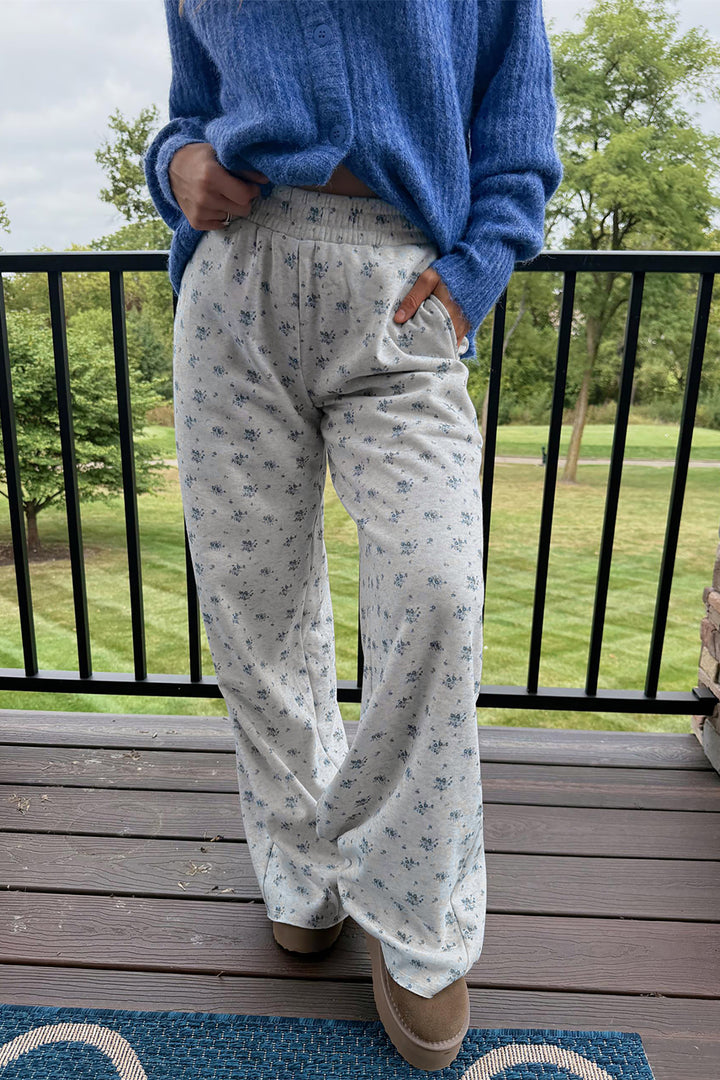 Gray Floral Print Elastic Waist Full Length Regular Pants