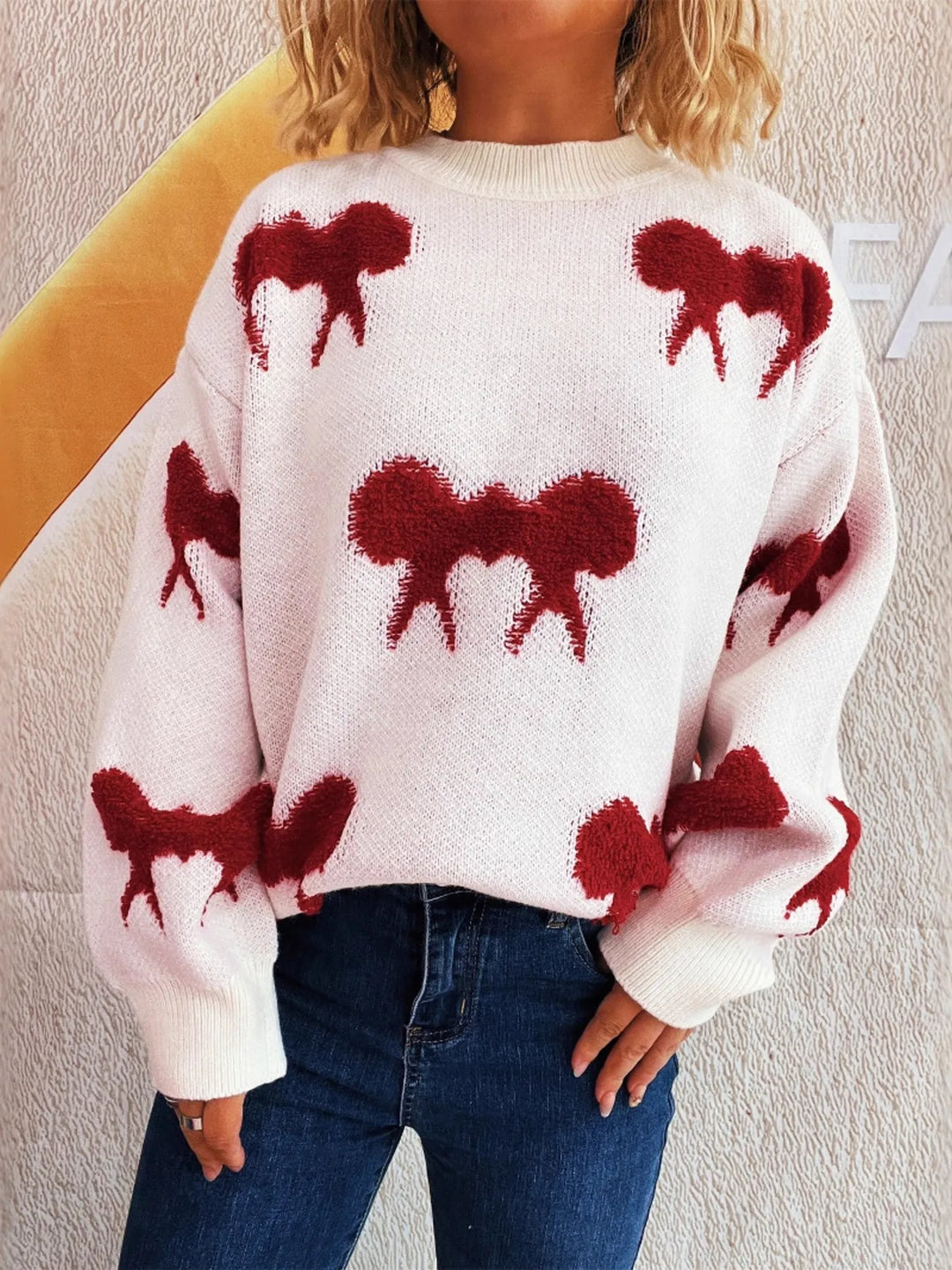 Bow Pattern Round Neck Sweater