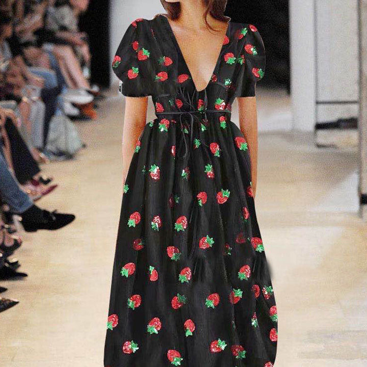 Dress French Strawberry Two Color V neck Fashionable Sequined Dress Mesh Lace up Pleated Dress