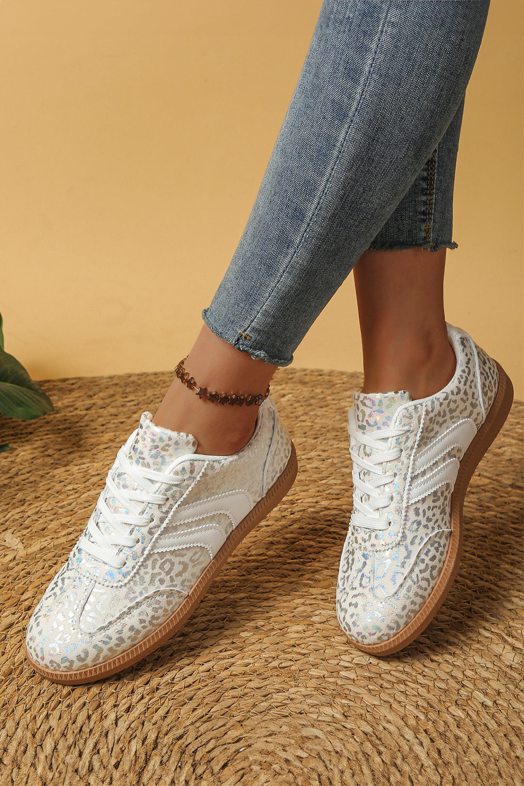 Coffee PU Leather Detail Shimmer Leopard Printed Lace-up Sneakers