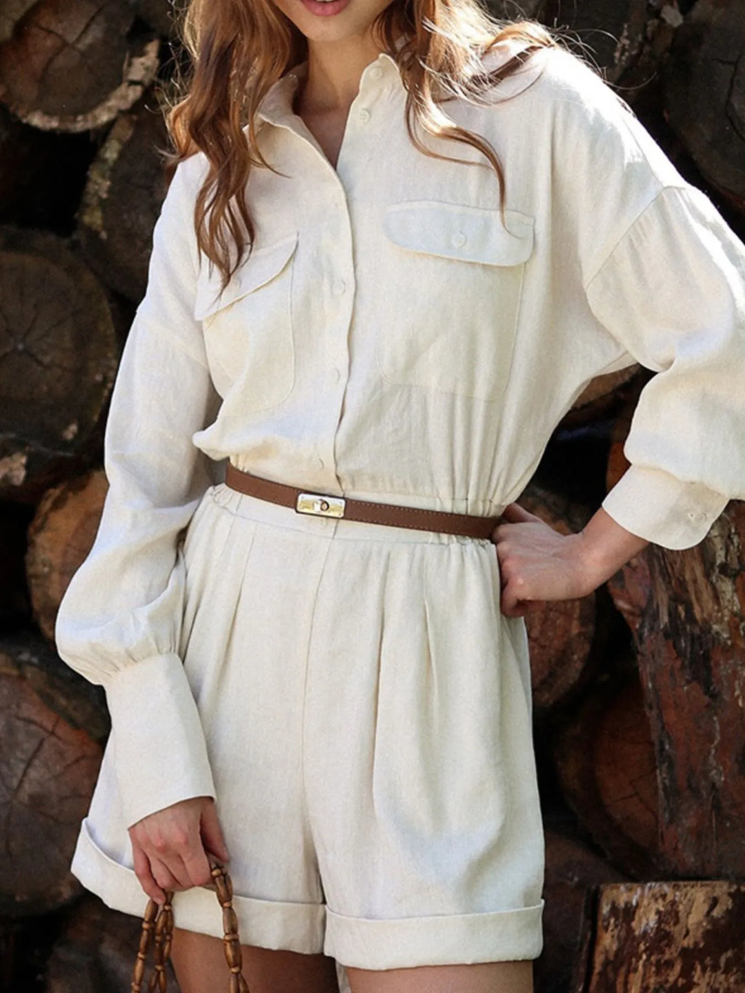 Casual Button Front Long Sleeve Romper