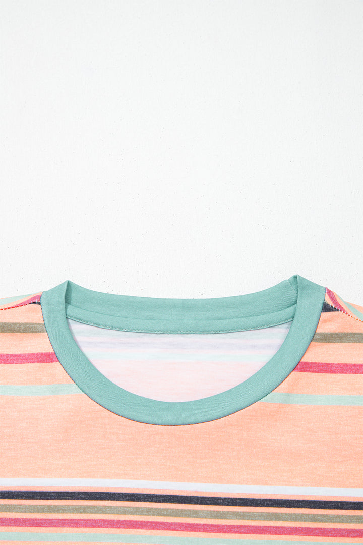 Pink Multicolor Stripes Crew Neck T Shirt