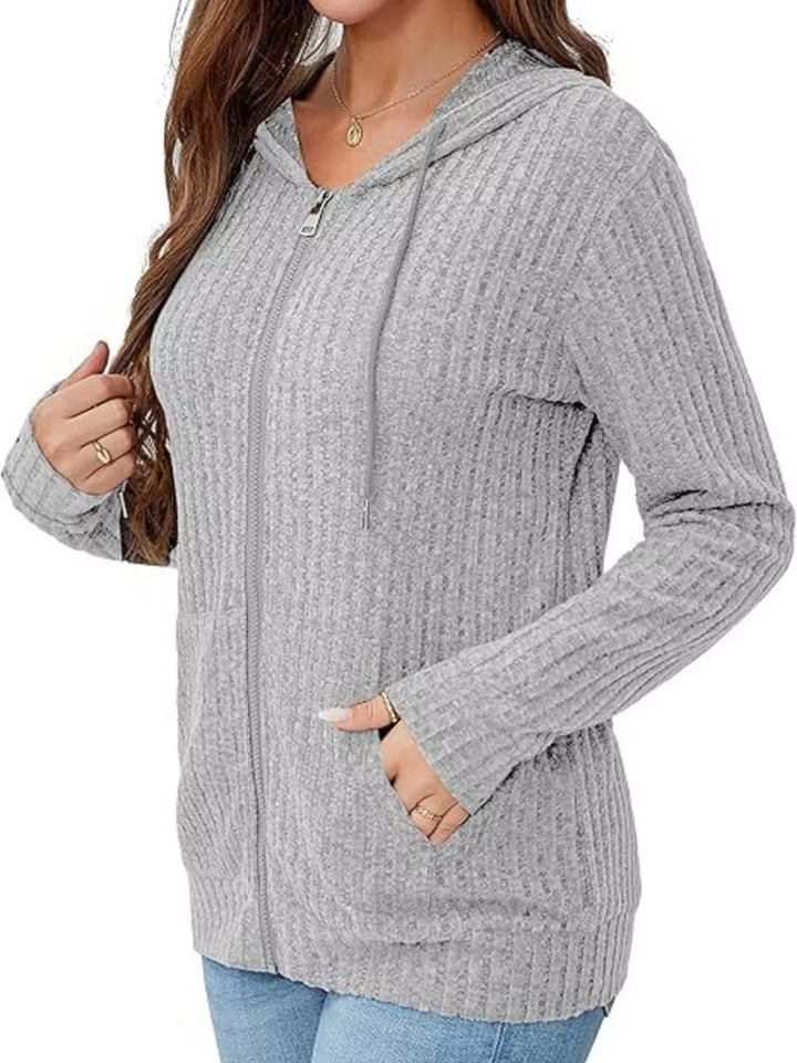 Ribbed Zip Up Hooded Outerwear