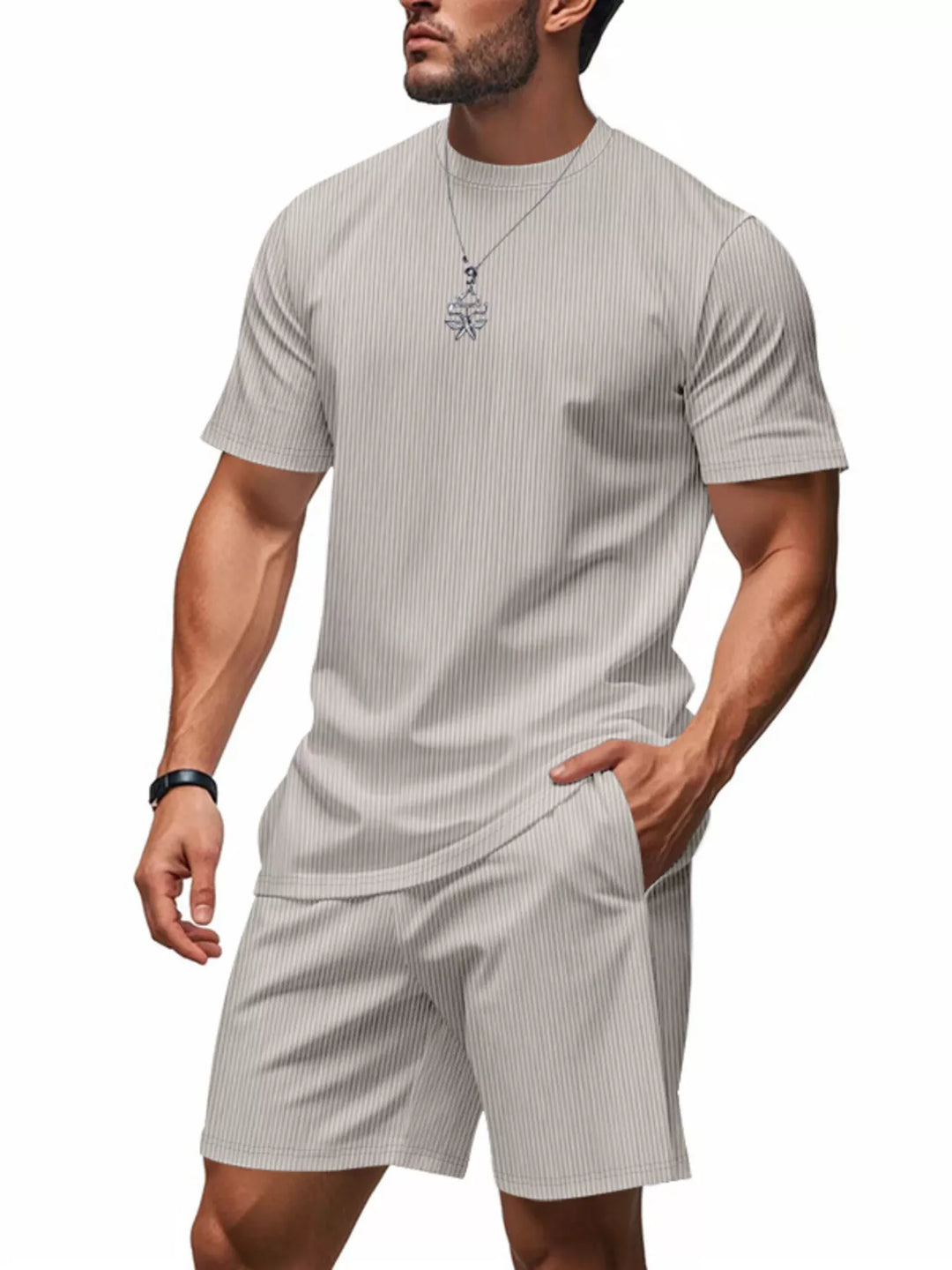 Men's Full Size Casual Striped Top and Shorts Set Plus Size