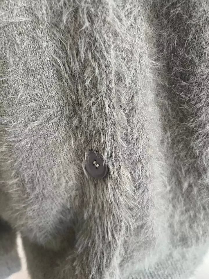 V Neck Button Down Fuzzy Knit Mohair Cardigan