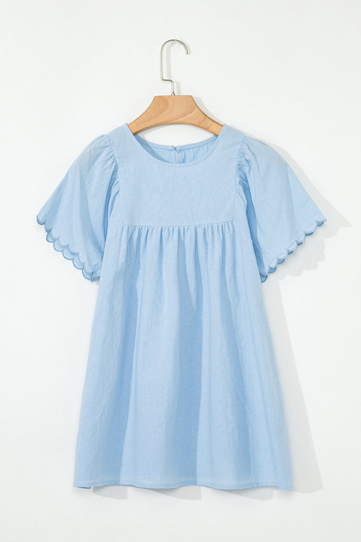 Beau Blue Solid Color Embroidered Scalloped Sleeves Crew Neck Blouse