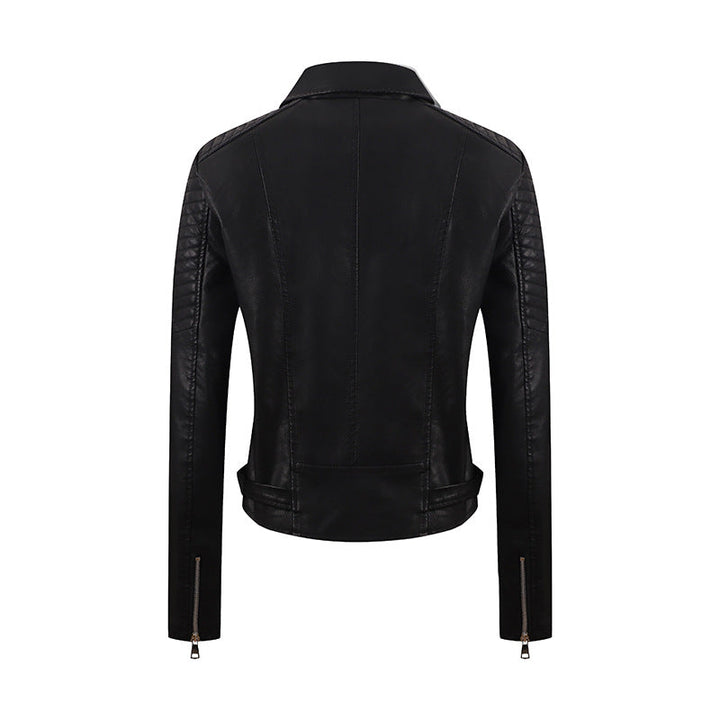 PU Women's Short Leather Oblique Pull Slim Motorcycle Clothing Washed Leather Jacket
