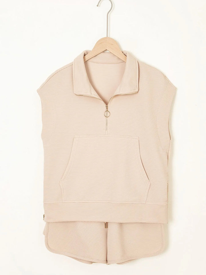 Textured Half Zip Kangaroo Pocket Top and Drawstring Shorts Set