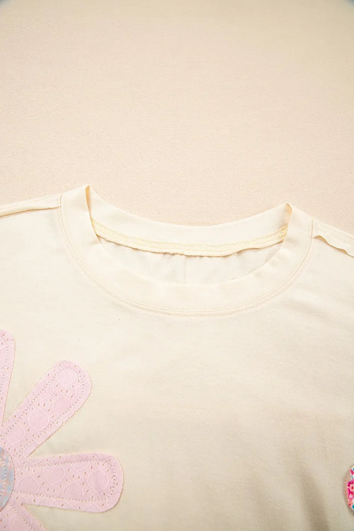 Flower Patched Exposed Stitching Trim Crew Neck Loose Tee