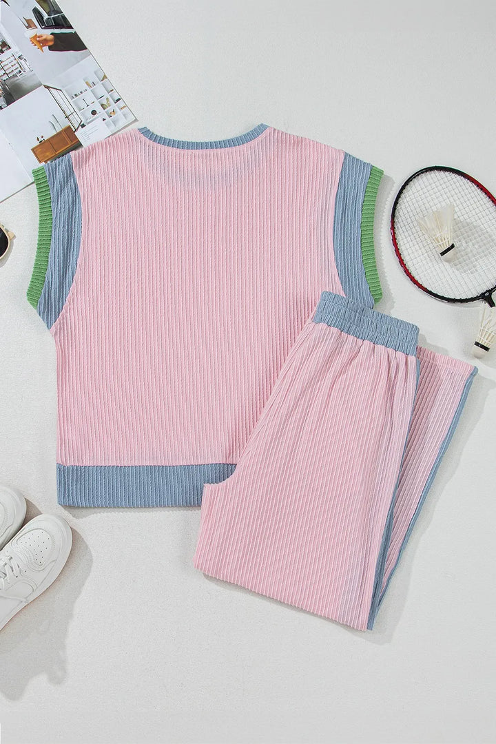 Contrast Round Neck Top and Pants Set
