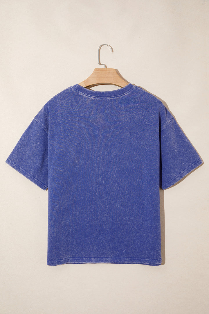 Blue Independence Day Star Printed Mineral Wash T Shirt