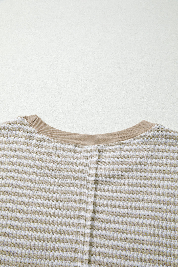 Brown Stripe Ribbed Trim Drop Shoulder Long Sleeve Oversize Top