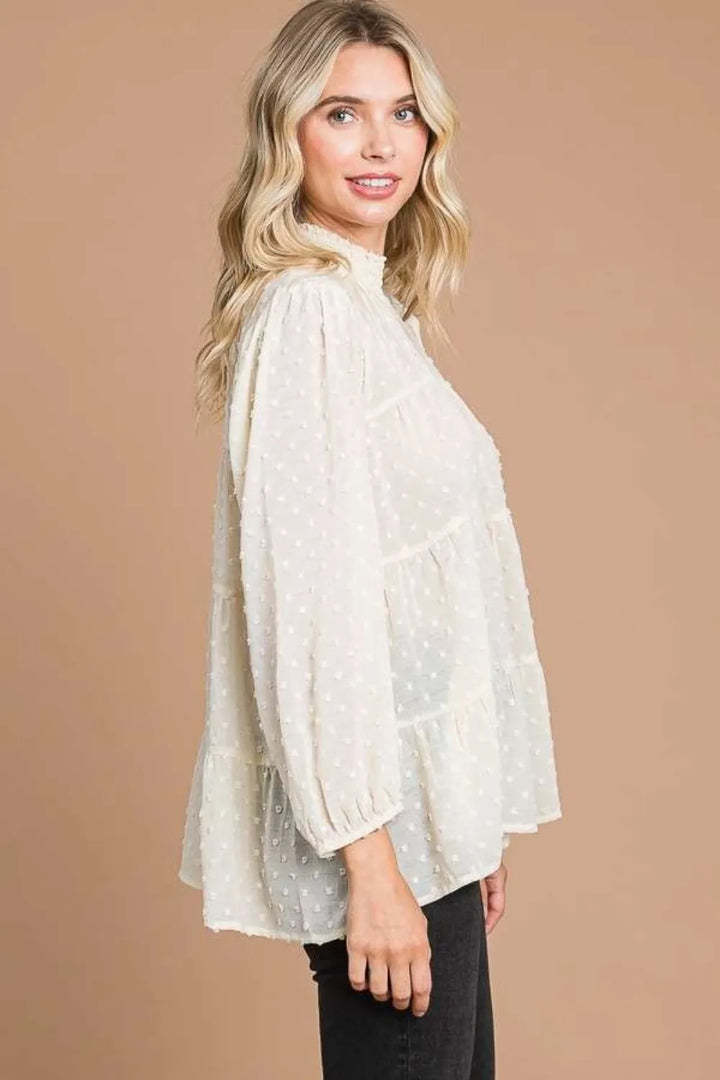 Culture Code Full Size Swiss Dot Smocked Mock Neck Blouse Plus Size