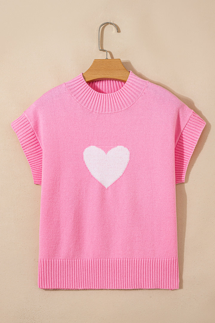 Pink Valentine Heart Graphic Cropped Short Sleeve Sweater