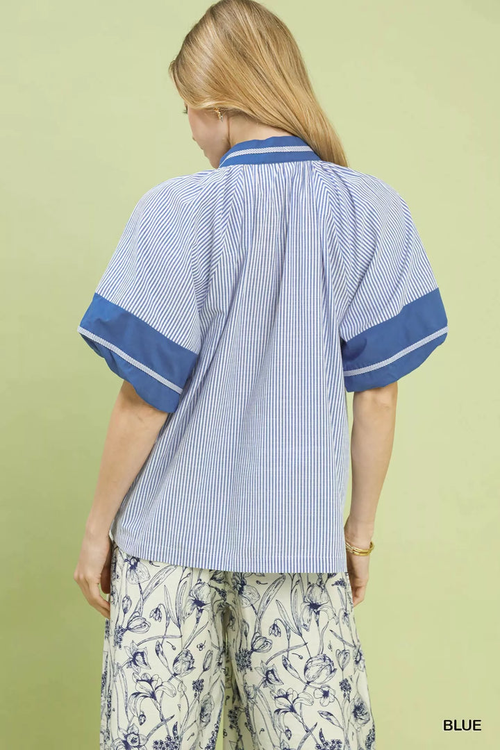 Umgee Striped Mixed Puff Sleeve Blouse