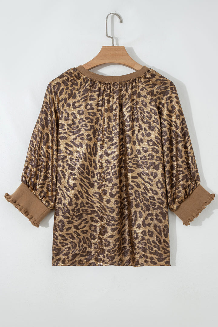Gold Half Sleeve Metallic Leopard Print Blouse