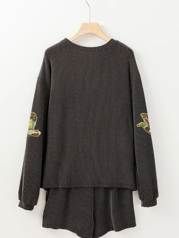Flying Mallard Sequin Patched Ribbed Long Sleeve Top and Shorts Set