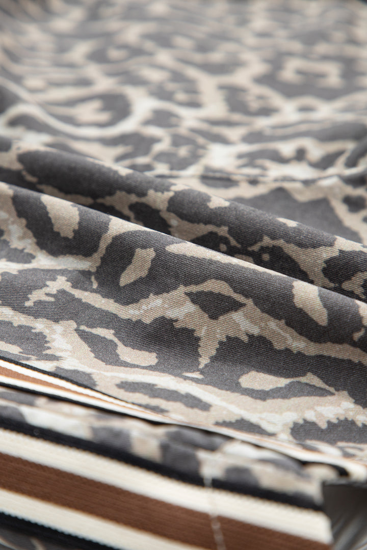 Multicolour Leopard Pattern Striped Detail Drawstring Denim Shorts