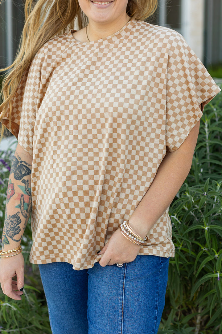 T-shirt kaki à manches courtes et col rond, motif damier, grande taille