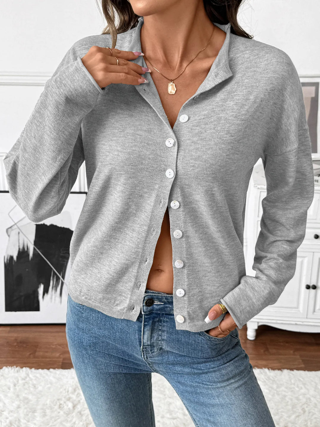 Button-Front Long Sleeve Cardigan