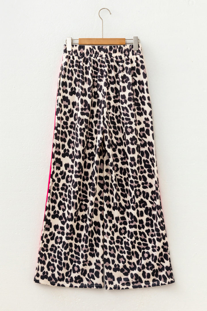 Red Contrast Detail Tie Waist Leopard Print Casual Pants