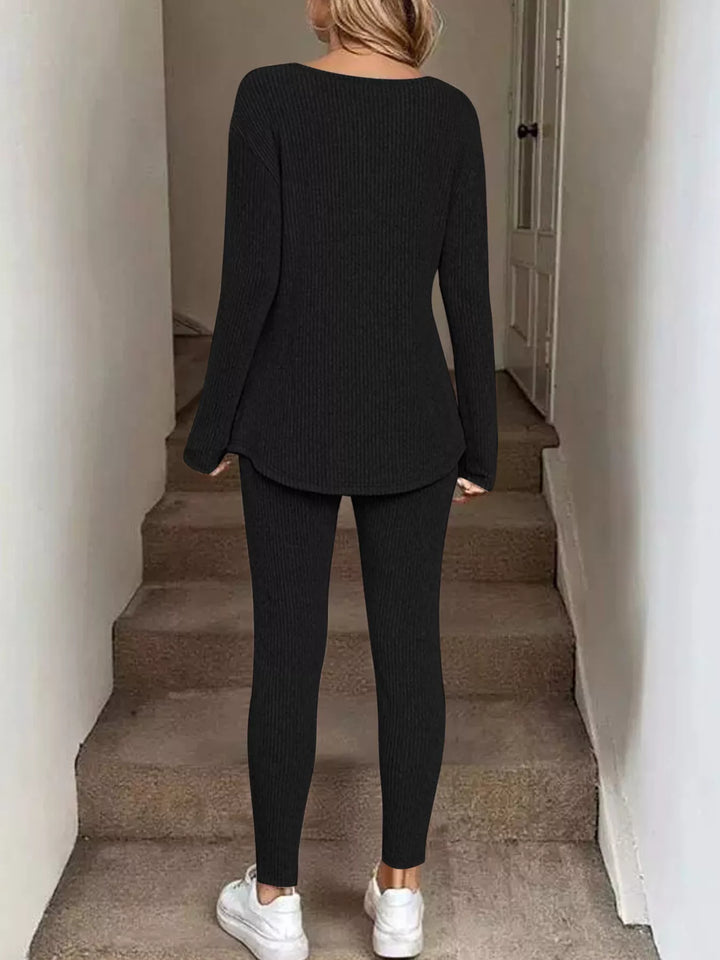 Ribbed Knit Long Sleeve Top and Pants Set