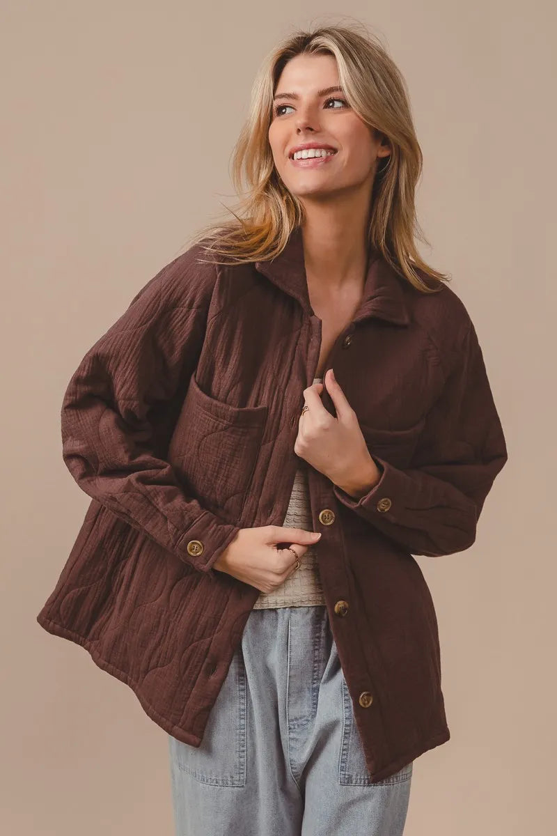BiBi Quilted Wrinkle Gauze Long Sleeve Shacket