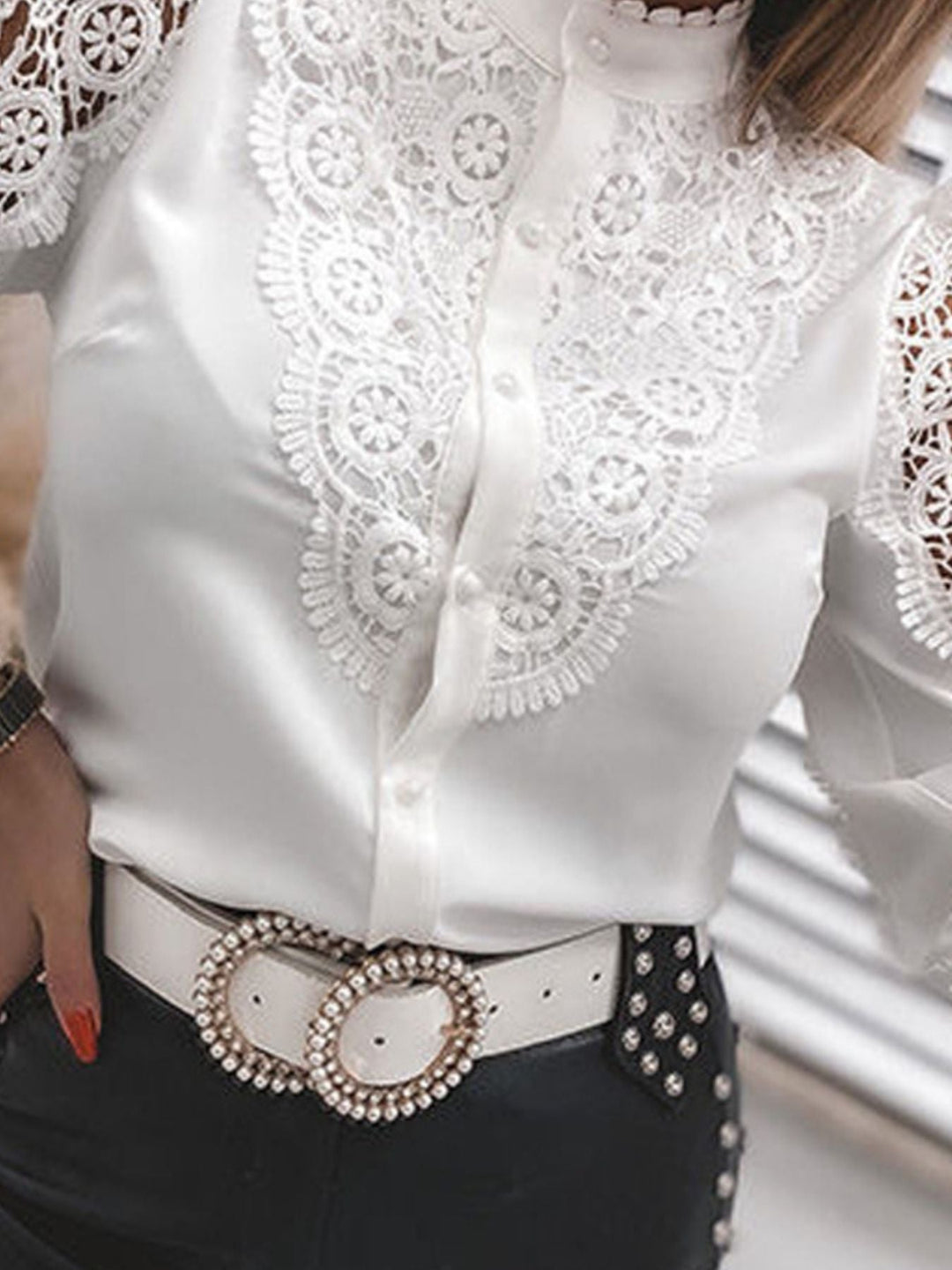 Elegant Lace Detail Long Sleeve Button Down Shirt