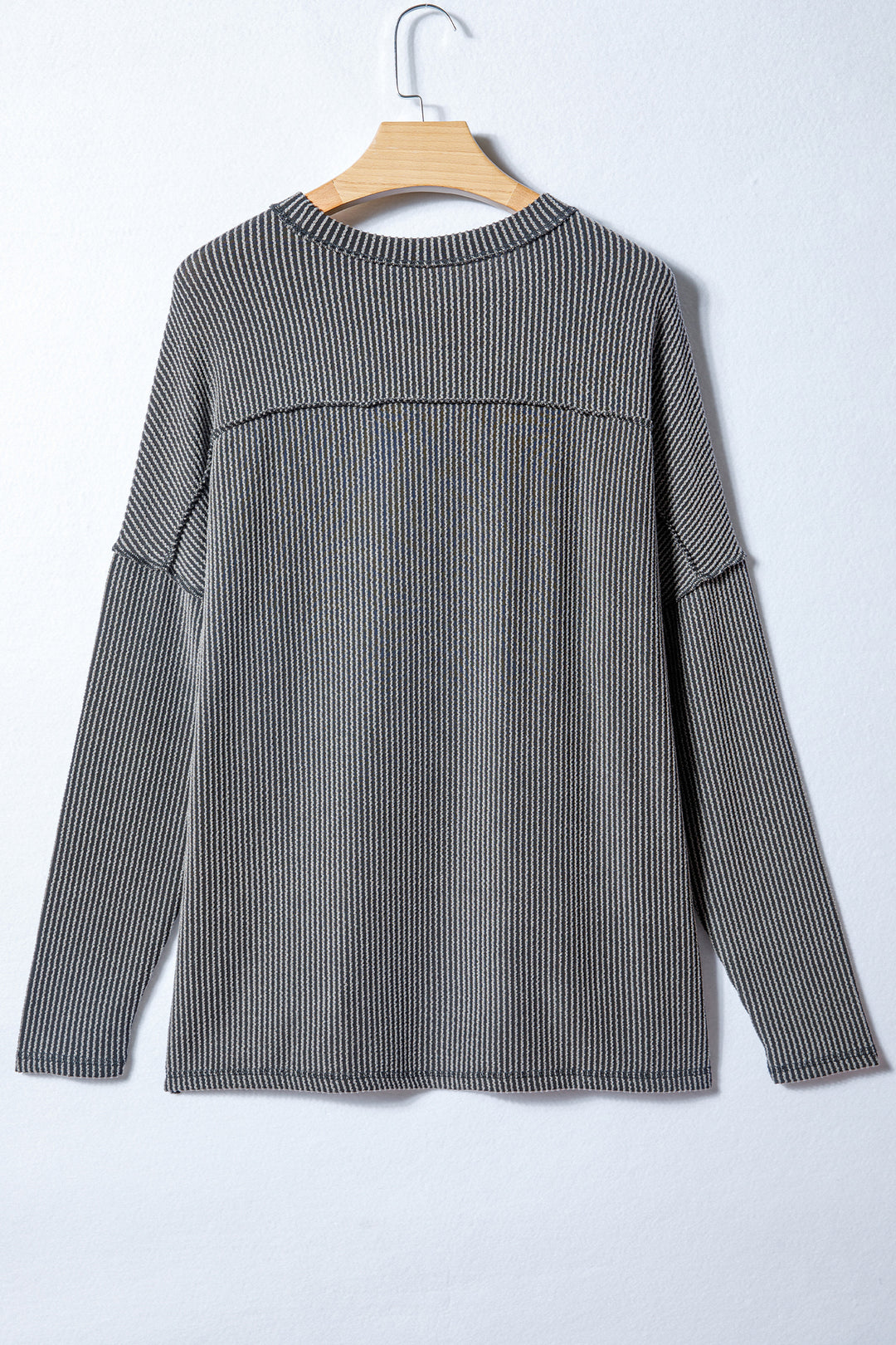 Black Twist Ribbed Exposed Seam Detail Long Sleeve Loose Top