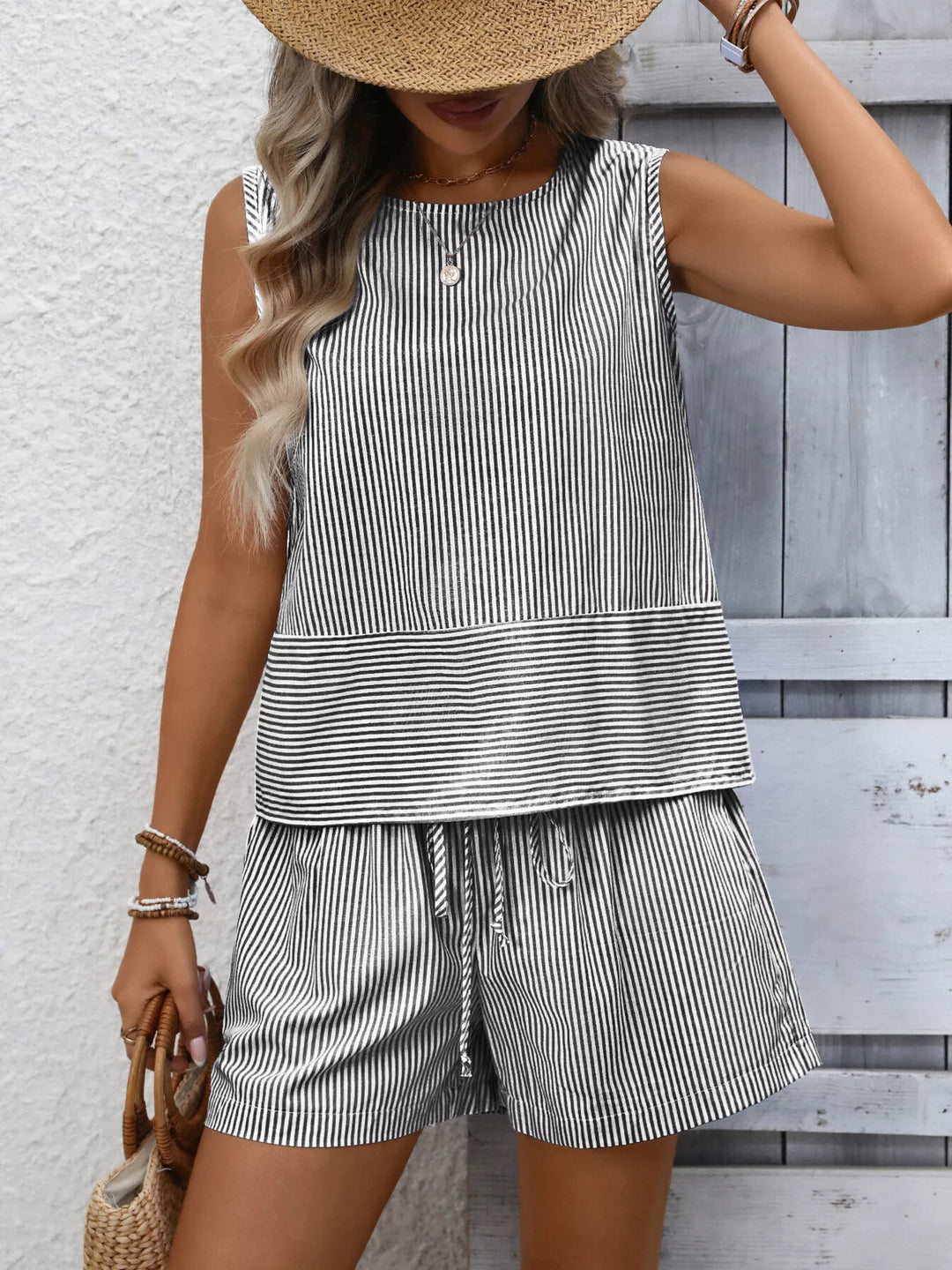 Striped Sleeveless Top & Drawstring Shorts Set