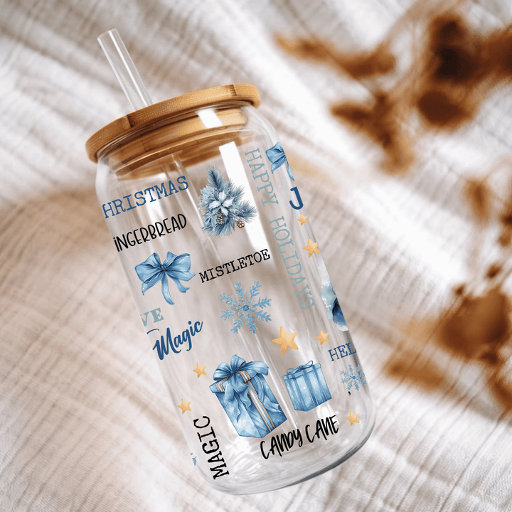 Blue Christmas Glass Cup