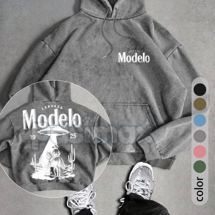 UFO Cowboy Showdown Hoodie – Men's Retro Washed Streetwear, Unique Graphic Pullover