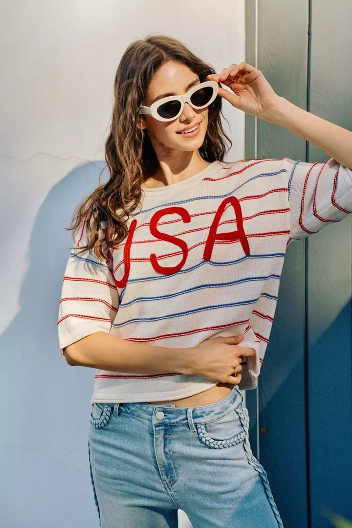 SO ME Usa Stripe Knit Short Sleeves Sweater Top
