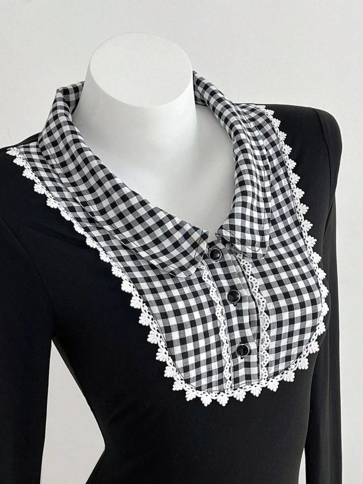 Gingham Collar Long Sleeve T-Shirt