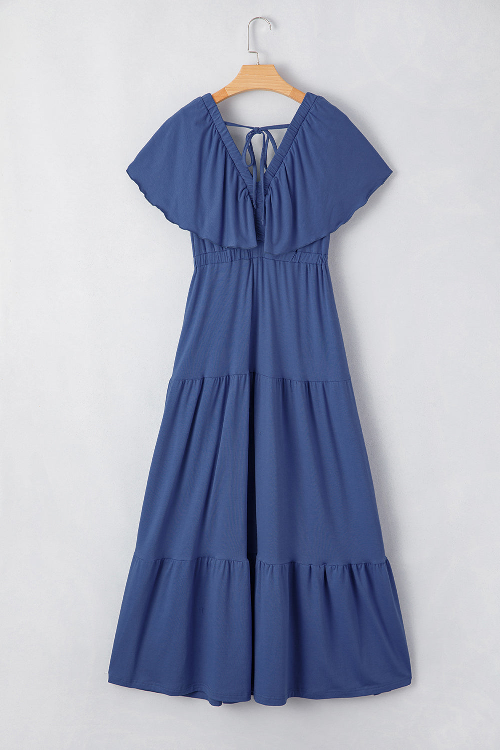 Navy Blue Textured V Neck Flutter Sleeve Ruffled Maxi Dress