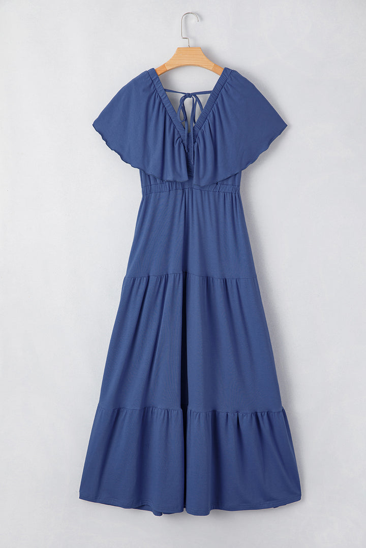 Navy Blue Textured V Neck Flutter Sleeve Ruffled Maxi Dress