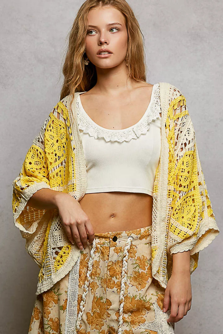 POL Open Front Crochet Cardigan with Scalloped Edge