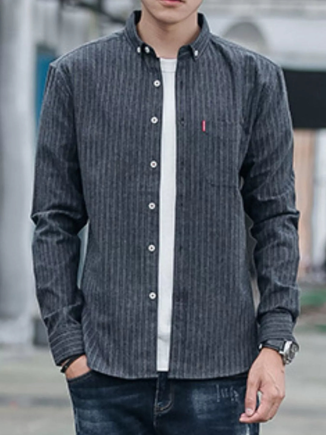Men's Full Size Fleece Lined Striped Shirt Plus Size