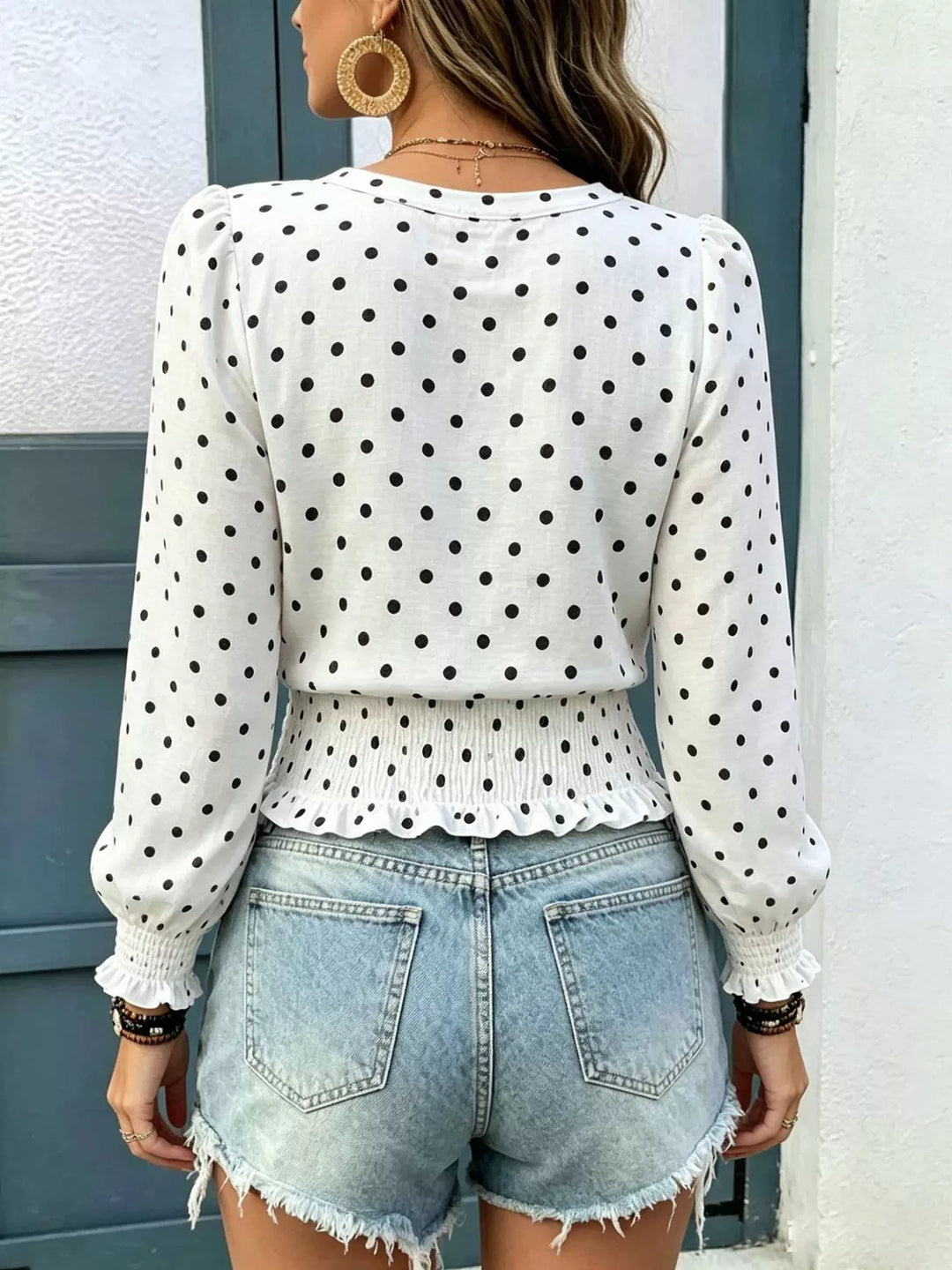 Polka Dot V-Neck Smocked Blouse