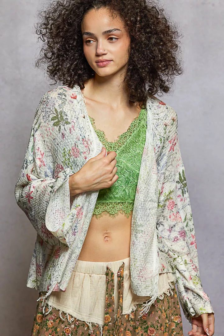 POL Open Front Floral Cardigan with Center Open Fringe
