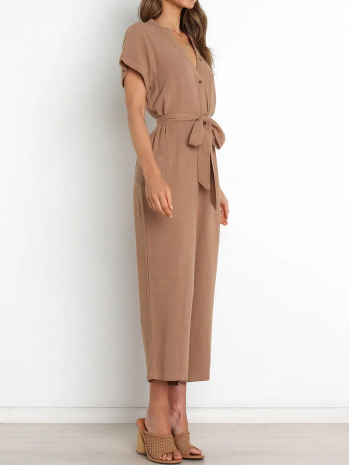 Notched Short Sleeve Tie Waist Jumpsuit