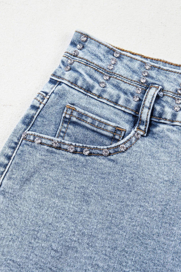 Rhinestone Light Wash Raw Hem High Waist Denim Shorts