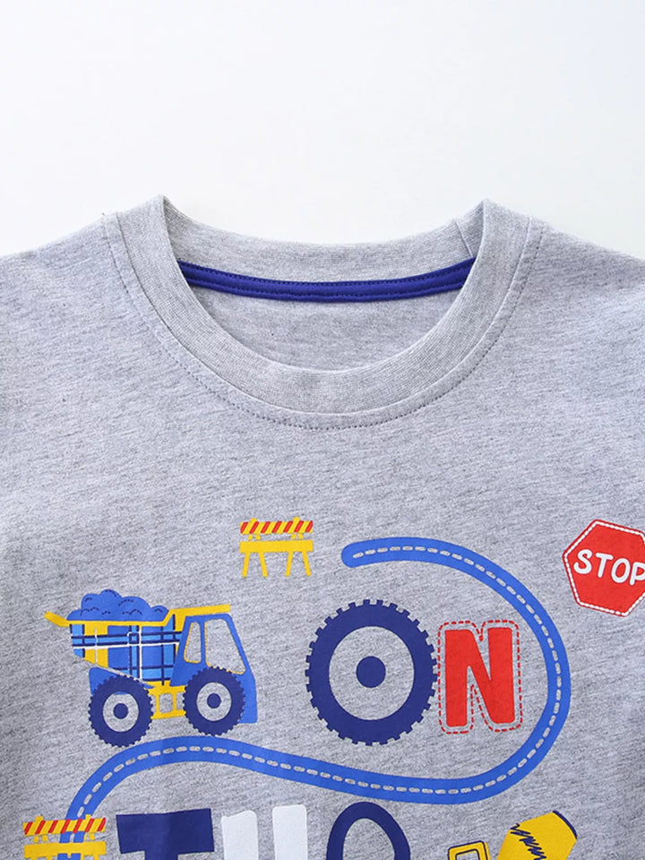 Children's Construction Truck & Traffic Sign Graphic T-Shirt and Plaid Shorts Set