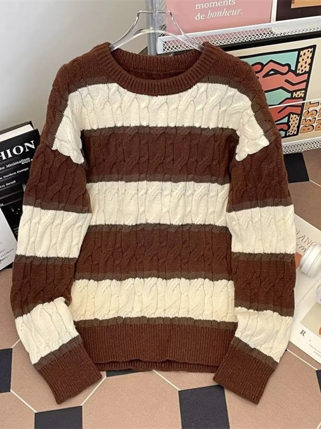 Men's Plus Size Striped Cable Knit Pullover Sweater