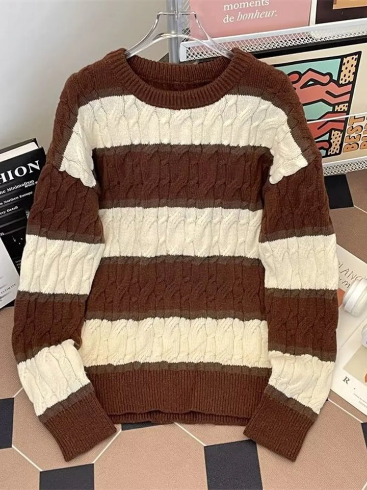 Men's Plus Size Striped Cable Knit Pullover Sweater
