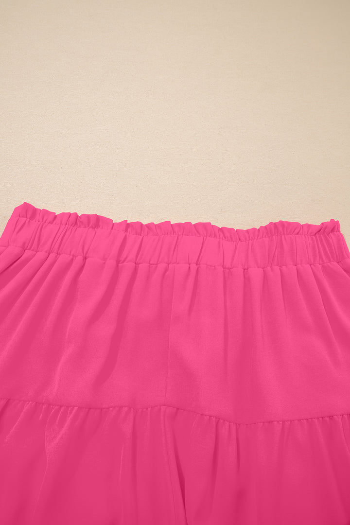 Rose Red Plus Size Frilled Elastic Waist Lace Trim Boho Ruffled Shorts