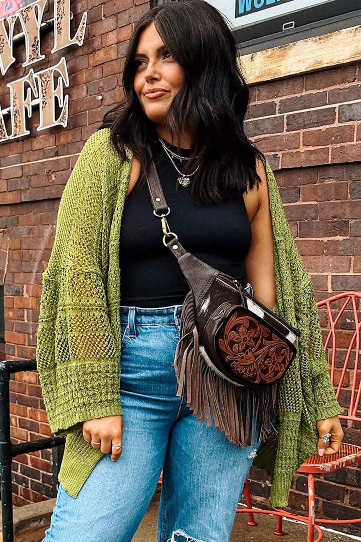 Spinach Green Oversize Crochet Knit Open Cardigan