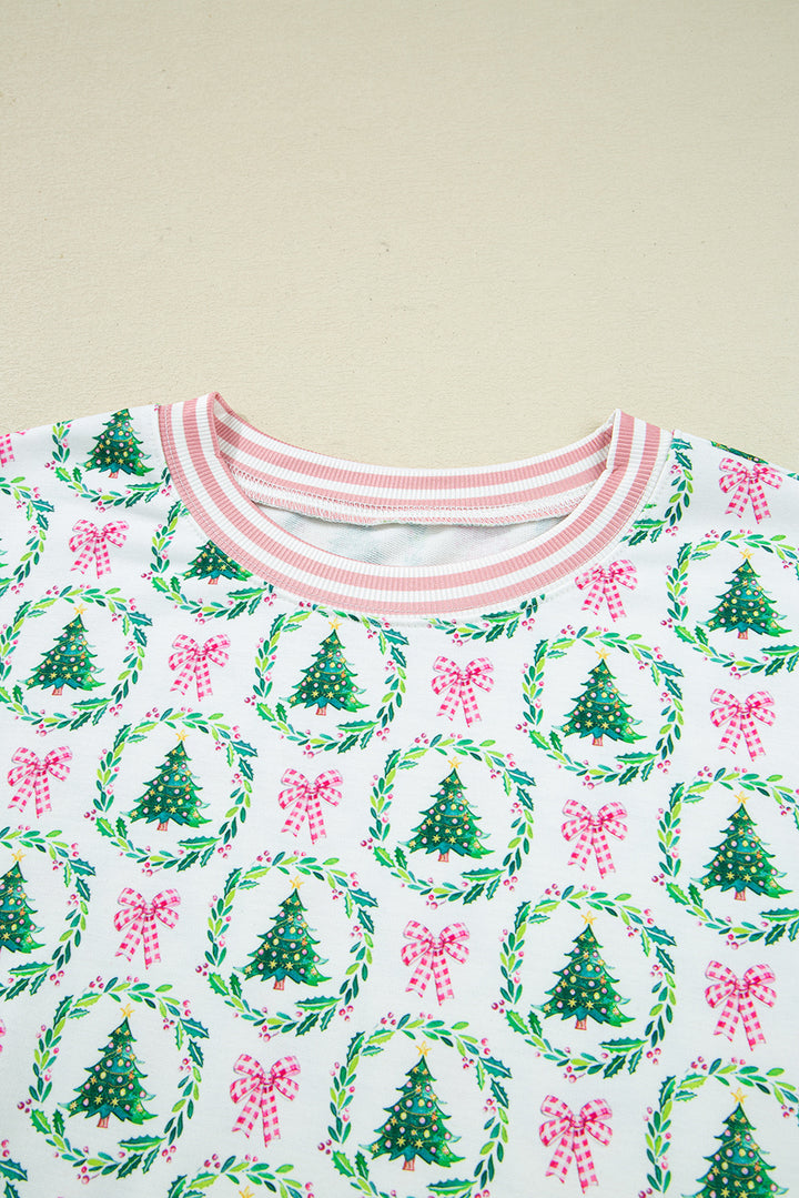 Green Bow Christmas Tree Print Contrast Striped Banding 2pcs Lounge Set