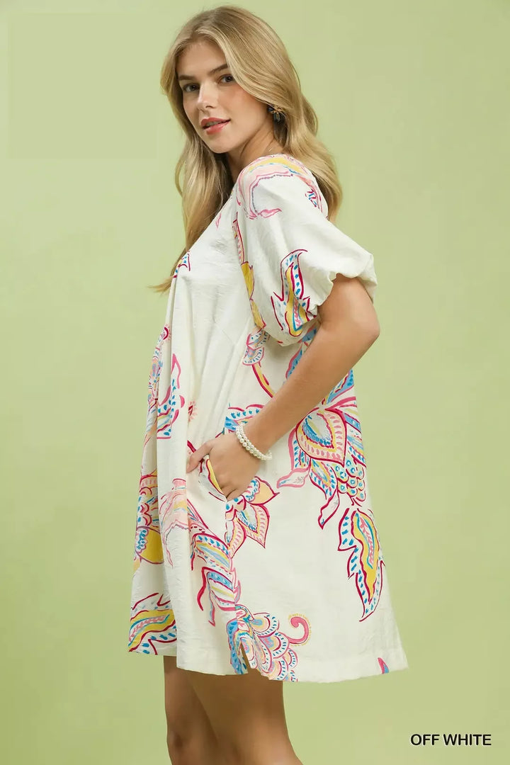Umgee Boho Floral Print Mini Dress with Pockets
