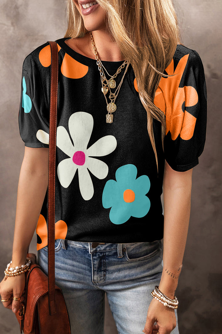 T-shirt à manches bouffantes et imprimé floral noir